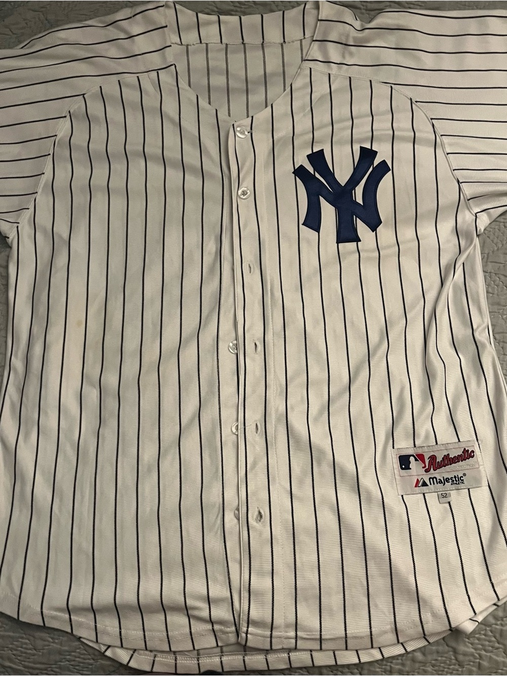 Majestic Men's White Pinstripe New York Baseball Jersey with Navy Logo